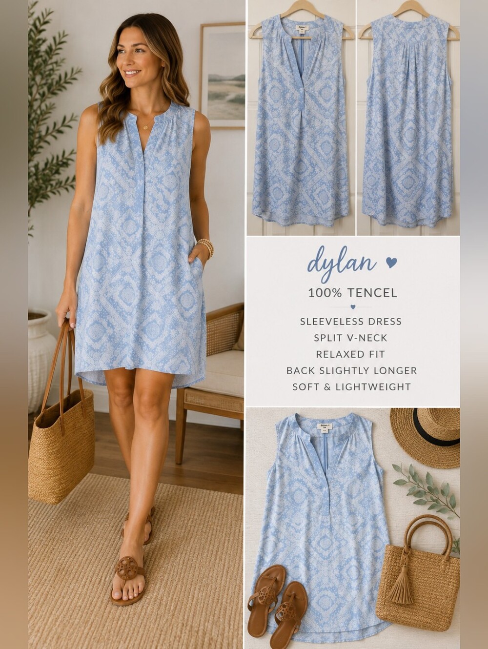 Dylan 100% Tencel Blue White Medallion Print Sleeveless Shift Dress Size Large